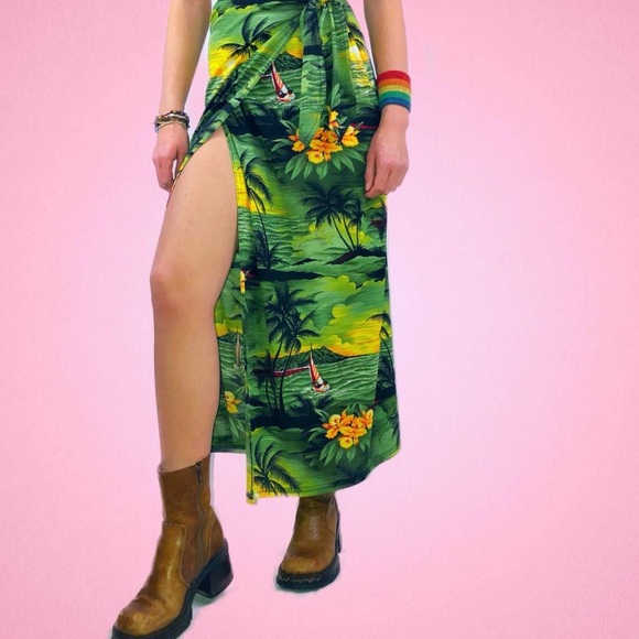 RARE Vintage 90s green tropical hawaii island sunset slinky wrap tie maxi skirt - Picture 2 of 3